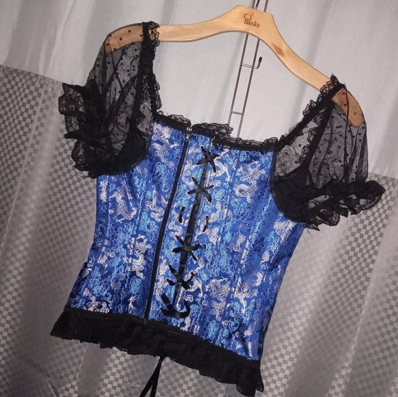 blue and black corset with zip up back closure lace puff sleeve with dot details - Picture 2 of 7